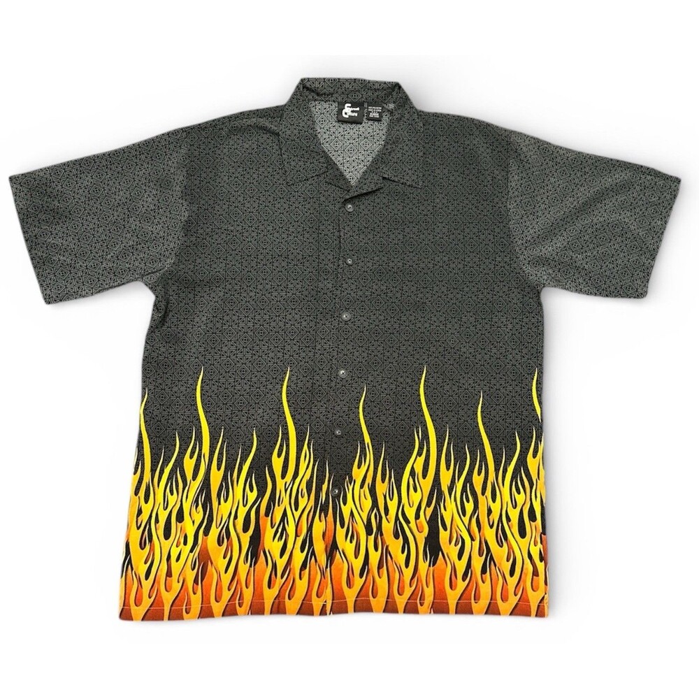 Street Culture Orange Flame Mens Button Up Shirt Size XL Grunge Biker Retro Y2K